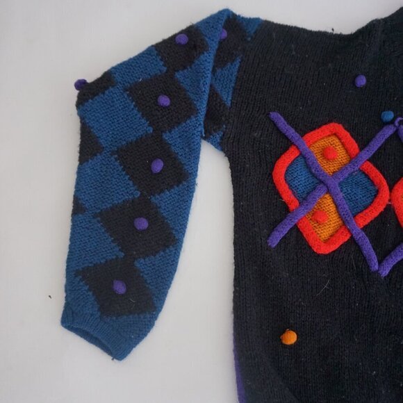 Vintage '80S Bay Club 30% Wool Black Knit w Multicolor Pom Pom Crew Sweater L - Picture 8 of 12